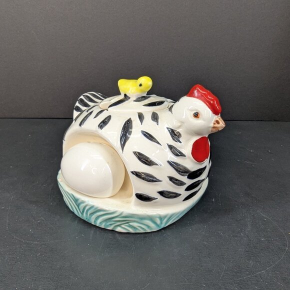Vintage White and Black Chicken on Nest Sugar Bowl with Egg Salt & Pepper Set - Picture 2 of 11